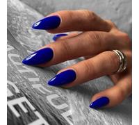 SXVME 48 Pcs Dark Blue Press on Nails Almond Medium Acrylic False Nails Medium Stiletto Natural Fake Nail Set Elegant Solid Color Full Cover Glossy Gel Stick on Nails for Women Daily Wear