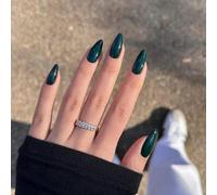SXVME 48 Pcs Dark Green Press on Nails Almond Medium Acrylic False Nails Medium Stiletto Natural Fake Nail Set Elegant Solid Color Full Cover Glossy Gel Stick on Nails for Women Daily Wear