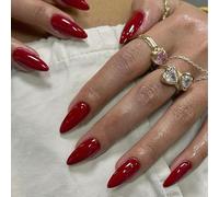 SXVME 48 Pcs Dark Red Press on Nails Almond Medium Acrylic False Nails Medium Stiletto Natural Fake Nail Set Elegant Solid Color Full Cover Glossy Gel Stick on Nails for Women Daily Wear