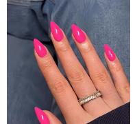 SXVME 48 Pcs Hot Pink Press on Nails Almond Medium Acrylic False Nails Medium Stiletto Natural Fake Nail Set Elegant Solid Color Full Cover Glossy Gel Stick on Nails for Women Daily Wear