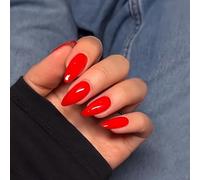 SXVME 48 Pcs Red Press on Nails Almond Medium Acrylic False Nails Medium Stiletto Natural Fake Nail Set Elegant Solid Color Full Cover Glossy Gel Stick on Nails for Women Daily Wear
