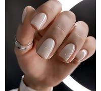 SXVME 48 Pcs White Press on Nails Short Square Acrylic False Nails Short Coffin Natural Fake Nail Set Elegant Solid Color Full Cover Glossy Gel Stick on Nails for Women Daily Wear