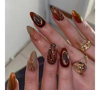 SXVME Almond False Nails Medium Length Butterfly Wings Brown Press on Nails with Ripple Designs Full Cover Brown Fake Nails French Line Reusable Acrylic Nails for Women Nail Decoration 24 Pcs