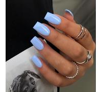 SXVME Baby Blue False Nails Short Medium Square, Gel Press on Nails Coffin Medium Glossy Fake Nails Set Solid Color Acrylic Nail Natural Fit Reusable Stick on Nail for Women Daily Wear, in 24 Pcs