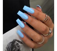 SXVME Baby Blue Press on Nails Long Square, Light Blue False Nails Medium Coffin, Glossy Gel Fake Nails Press on, Sheer Gel Stick on Nail for Women, 24 Pcs