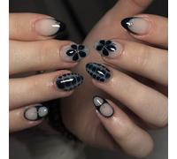 SXVME Black French Tip Press on Nails Short Almond with Floral Pattern Full Cover False Nails Short Stiletto, Natural Nude Fake Nails witg Gold Dots, Sofe Gel Stick on Nails for Women, 24 Pcs