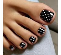 SXVME Black Polka Dot Press on Toe Nails, Glossy Short False Toenails with Cute Design, Light Weight, Natural Soft Gel Full Cover Fake Toe Nails for Women Summer Pedicure in 24 Pcs