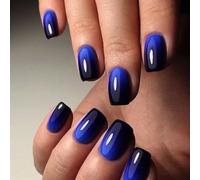 SXVME Blue Black Press on Nails Short Square, Short False Nails Coffin, Glossy Dark Royal Blue French Fake Nails Set, Ombre Color Full Cover Soft Gel Stick on Nail for Women Halloween 30 Pcs