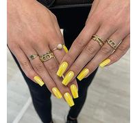 SXVME Bright Yellow Press on Nails Long Square, Light Yellow False Nails Medium Coffin, Glossy Gel Fake Nails Press on, Sheer Gel Stick on Nail for Women, 24 Pcs