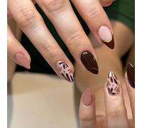 SXVME Brown French Tip Press on Nails Almond with Floral Pattern Full Cover Pink False Nails Medium Stiletto, Brown Fake Nails witg Gold Line Design, Stick on Nails for Women Fall Winter, 24 Pcs