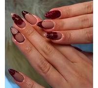 SXVME Burgundy Red French Tip Press on Nails Medium Almond, Floral False Nails Press on with Charms Full Cover Nude Fake Nails Medium Stiletto, Glossy Artificial Glue on Nail for Women Fall Winter