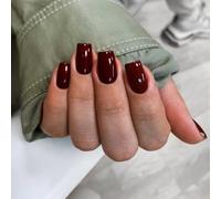 SXVME Burgundy Red Press on Nails Medium Short Square, Short False Nails Coffin, Gossy Wine Red Fake Nails Set, Natural Fit, Reusable Soft Gel Stick on Nail for Women, in 24 Pcs