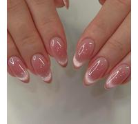 SXVME Cat Eye Ombre Pink Press on Nails Almond Shape, French Tip False Nails Medium Stiletto, Glitter Blush Pink Fake Nails Press ons, Bling Sparkle, Reusable Gel Stick on Nail for Women, 30 Pcs