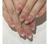 SXVME Cat Eye Ombre Pink Press on Nails Short, French Tip False Nails Short Oval, Glitter Blush Pink Fake Nails Press ons, Bling Sparkle, Reusable Gel Stick on Nail for Women, 30 Pcs
