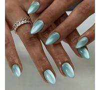 SXVME Cat Eye Press On Nails Short Almond - Glitter Teal Green False Nails Short Stiletto, Glazed Chrome Fake Nails Set, Reusable Cute Soft Gel Stick On Nails for Women Manicure, 32 Pcs 16 Sizes