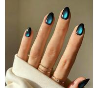 SXVME Cat Eye Press On Nails Short - Dark Baby Blue False Nails Oval, 30 Pcs 15 Sizes Glitter Black Fake Nails Press ons, Upgrade Thick Quality, Reusable Almond Glue on Nail for Women Goth