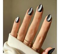 SXVME Cat Eye Press On Nails Short - Dark Black False Nails Oval, 30 Pcs 15 Sizes Glitter Black Fake Nails Press ons, Upgrade Thick Quality, Reusable Almond Glue on Nail for Women Goth