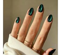 SXVME Cat Eye Press On Nails Short - Dark Emerald Green False Nails Oval, 30 Pcs 15 Sizes Glitter Black Fake Nails Press ons, Upgrade Thick Quality, Reusable Almond Glue on Nail for Women Goth
