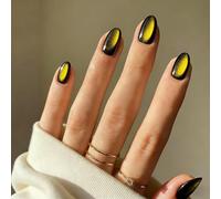 SXVME Cat Eye Press On Nails Short - Dark Golden Yellow False Nails Oval, 30 Pcs 15 Sizes Glitter Black Fake Nails Press ons, Upgrade Thick Quality, Reusable Almond Glue on Nail for Women Goth