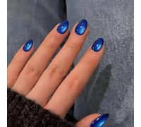 SXVME Cat Eye Press on Nails Short Oval, Vibrant Royal Blue False Nails Short Almond, Sparkly Glitter Fake Nails Set, Reusable Small Bling Stick on Nail for Women Party Holiday, 24 Pcs