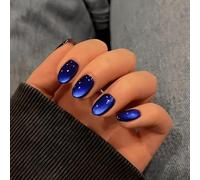 SXVME Cat Eye Press on Nails Short Oval, Violet Blue Black False Nails Short Almond, Sparkly Glitter Fake Nails Set, Reusable Small Bling Stick on Nail for Women Party Holiday, 24 Pcs