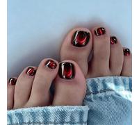 SXVME Cat Eye Press On Toe Nails - 32 Pcs Black Red Short False Toenails, Sparkly Chrome Square Stick On Toenails for Women Summer Pedicure, Thick Reusable Cute Fake Toe Nails in 16 Sizes