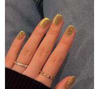 SXVME Cat Eye Soft Gel Press on Nails Short Coffin Shape, 30 Pcs Gold Cat Eye False Nails Short Square, Sparkly Glitter Nails Press on, Bling Chrome Yellow Stick on Nail for Women Small Sizes