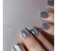 SXVME Cat Eye Soft Gel Press on Nails Short Coffin Shape, 30 Pcs Light Blue Cat Eye False Nails Short Square, Sparkly Glitter Nails Press on, Bling Chrome Gel Stick on Nail Small Sizes for Women