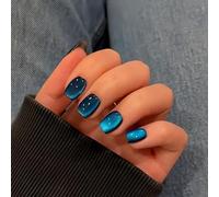 SXVME Cat Eye Soft Gel Press on Nails Short Coffin Shape, 30 Pcs Pastel Blue Cat Eye False Nails Short Square, Sparkly Glitter Glass Nails Press on, Bling Chrome Gel Stick on Nail for Women