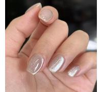 SXVME Cat Eye Soft Gel Press on Nails Short Coffin Shape, 30 Pcs White Cat Eye False Nails Short Square, Sparkly Glitter Nails Press on, Bling Chrome Gel Stick on Nail for Women