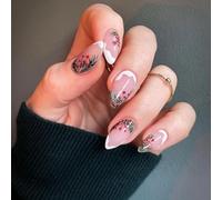 SXVME Christmas Press on Nails Medium Almond With Holly Leaves Design - Baby Pink Full Cover Acrylic False Nails for Women - Winter French Tip Stick on Fake Nails Medium Stiletto 24 Pcs