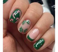 SXVME Christmas Press on Nails Short Square French Tip False Nails with Cute Candy Cane Leaf Design Holiday Glue on Nails Stick on Nail for Women Manicure 24 Pcs
