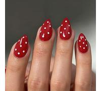 SXVME Christmas Red Press On Almond, Polka Dot False Nails Short Stiletto, Fake Nails with Designs, Cute White Polka Dot Nails Press ons, Reusable Soft Gel Glue On Nails for Women, 30 Pcs