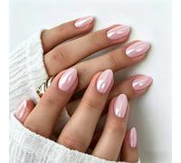 SXVME Chrome Baby Pink Press on Nails Short Oval, 32 Pcs 16 Sizes Glazed False Nails with Sparkle Mirror Design, Thick Shiny Glitter Fake Nails Almond, Stick on Nail for Women Manicure Gift