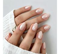 SXVME Chrome Beige Nude Press on Nails Short Oval, 32 Pcs 16 Sizes Glazed False Nails with Sparkle Mirror Design, Thick Shiny Glitter Fake Nails Almond, Stick on Nail for Women Manicure Gift