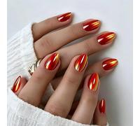 SXVME Chrome Bright Red Press on Nails Short Oval, 32 Pcs 16 Sizes Glazed False Nails with Sparkle Mirror Design, Thick Glitter Fake Nails Almond, Metallic Stick on Nail for Women Manicure Gift