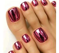 SXVME Chrome Dark Pink Press on Toe Nails Short Square, Glazed Shiny Metallic Short False Toenails, Light Weight, Natural Soft Gel Full Cover Fake Toe Nails for Women Summer Pedicure in 24 Pcs