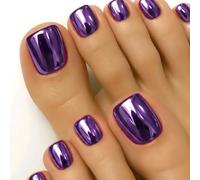 SXVME Chrome Dark Purple Press on Toe Nails Short Square, Glazed Shiny Metallic Short False Toenails, Light Weight, Natural Soft Gel Full Cover Fake Toe Nails for Women Summer Pedicure in 24 Pcs