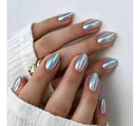 SXVME Chrome Dusty Blue Press on Nails Short Oval, 32 Pcs 16 Sizes Glitter Cat Eye False Nails with Sparkle Mirror Design, Thick Glazed Fake Nails Almond, Stick on Nail for Women Manicure Gift