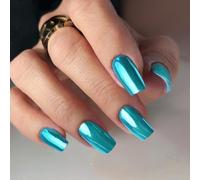 SXVME Chrome False Nails - Metallic Teal Blue Press On Medium Square with Glitter Shine - Mirror Acrylic for Women Daily & Party Wear