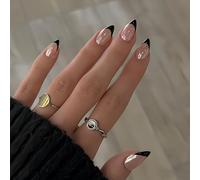 SXVME Chrome French Tip Press On Nails Short Almond, 30 Pcs Glazed Black False Nails Press ons With Mirror Effect, Reusable Long-Lasting Sparkle French Artificial Nails for Women Wedding