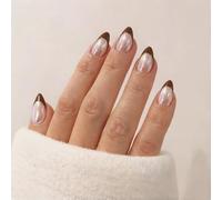 SXVME Chrome French Tip Press On Nails Short Almond, 30 Pcs Glazed Brown False Nails Press ons With Mirror Effect, Reusable Long-Lasting Sparkle French Artificial Nails for Women Wedding