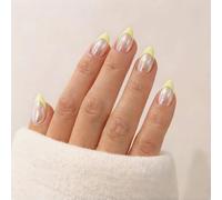 SXVME Chrome French Tip Press On Nails Short Almond, 30 Pcs Glazed Light Yellow False Nails Press ons With Mirror Effect, Reusable Long-Lasting Sparkle French Artificial Nails for Women Wedding