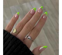 SXVME Chrome French Tip Press On Nails Short Almond, 30 Pcs Glazed Neon Green False Nails Press ons With Mirror Effect, Reusable Long-Lasting Sparkle French Artificial Nails for Women Wedding