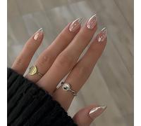 SXVME Chrome French Tip Press On Nails Short Almond, 30 Pcs Glazed Silver False Nails Press ons With Mirror Effect, Reusable Long-Lasting Sparkle French Artificial Nails for Women Wedding