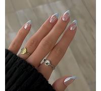 SXVME Chrome French Tip Press On Nails Short Almond, 30 Pcs Glazed Soft Blue False Nails Press ons With Mirror Effect, Reusable Long-Lasting Sparkle French Artificial Nails for Women Wedding