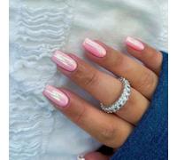 SXVME Chrome Glazed Bright Pink Press On Nails Medium Short Square, Glitter Shine Acrylic for Women Daily & Party Wear