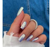 SXVME Chrome Glazed Light Blue Press On Nails - Medium Square Glitter Shine Acrylic False Nails for Women Daily & Party Wear