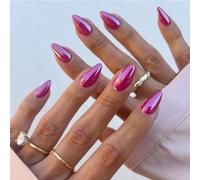 SXVME Chrome Hot Pink False Nails Medium, Glitter Pink Press On Nails Summer, Bling Glazed Gel Fake Nails Press on, Medium Round Stick on Nail for Women Holiday Wedding