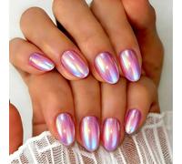 SXVME Chrome Hot Pink Press on Nails Short Oval, 32 Pcs 16 Sizes Glazed False Nails with Sparkle Mirror Design, Thick Glitter Fake Nails Almond, Metallic Stick on Nail for Women Manicure Gift